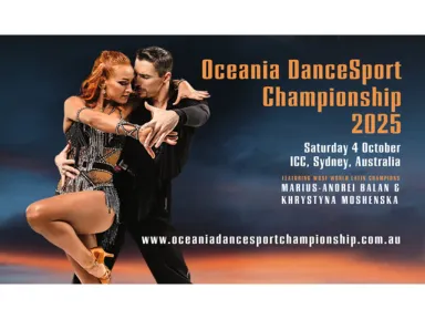 On Saturday 4 October 2025, ICC Sydney will again host the annual Oceania DanceSport Championship. This one-day event showcases dancers from Australia, New Zealand and from around the the Oceania region, in a glittering program