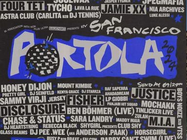 Portola is a 2-day music festival taking place on Saturday, September 28 and Sunday, September 29, 2024 at Pier 80 in San Francisco, CA.