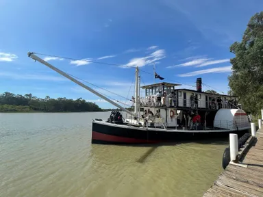 Moored on the majestic Renmark Riverfront, the Paddle Steamer Industry provides a reminder of bygone times on the Murray River.