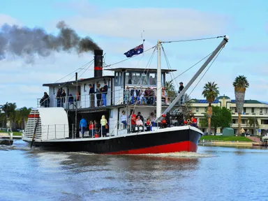 Moored on the majestic Renmark Riverfront, the Paddle Steamer Industry provides a reminder of bygone times on the Murray River.