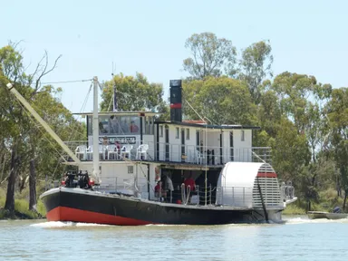 Moored on the majestic Renmark Riverfront, the Paddle Steamer Industry provides a reminder of bygone times on the Murray River.