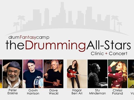 The Drumming All-Stars Clinic + Concert" is an ALL-AGES day of education and music featuring a Noon drum clinic and an 8:00 p.m. concert